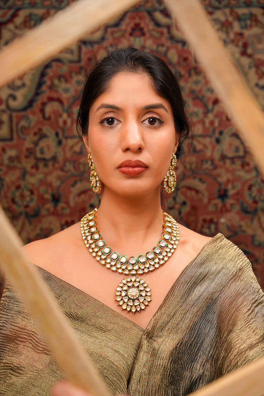 Green Meenakari Moissanite Polki Rosette Necklace Set
