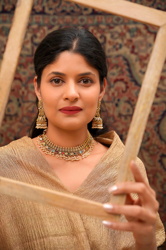 Antique Gold Navratan Beaded Necklace Set