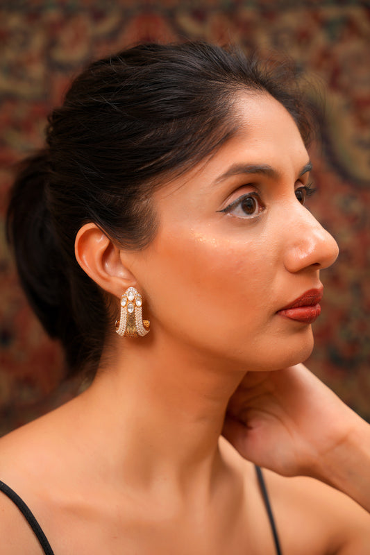Gold-Finish Seed Pearl Bead Earrings with Moissanite Polki Studded Apex — Contemporary Chic