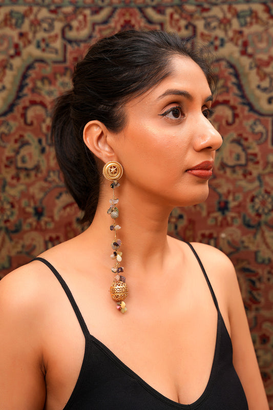 Cresecent Moon and Star Stud Long Drop Earrings with Raw Amethyst, Pale Jade, and Tourmaline — Boho Luxe