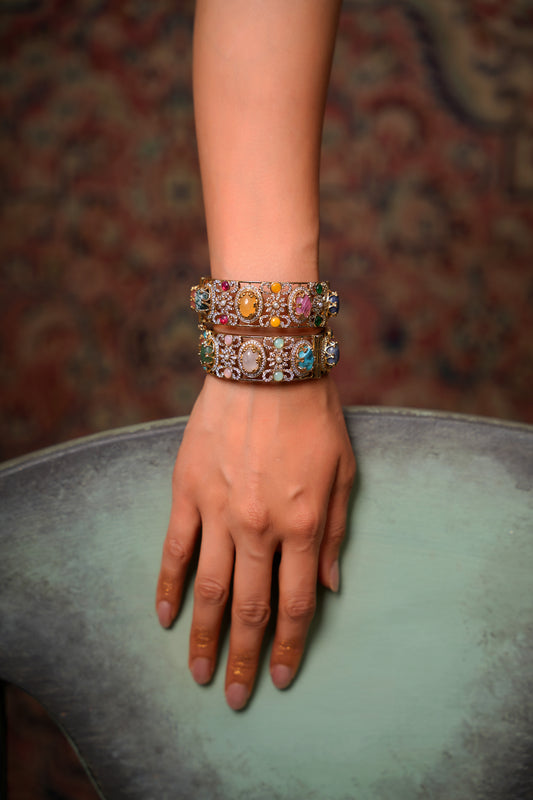 Multistone Jadau Kada Bangles in 22 Karat Gold Plating (Set of 2) — Maximalist Heritage