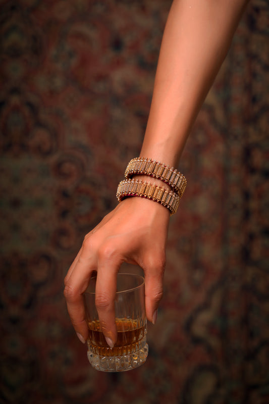 Antique Gold Textured Link Bangle Set on Fuchsia Thread (Set of 2) — Temple-Inspired