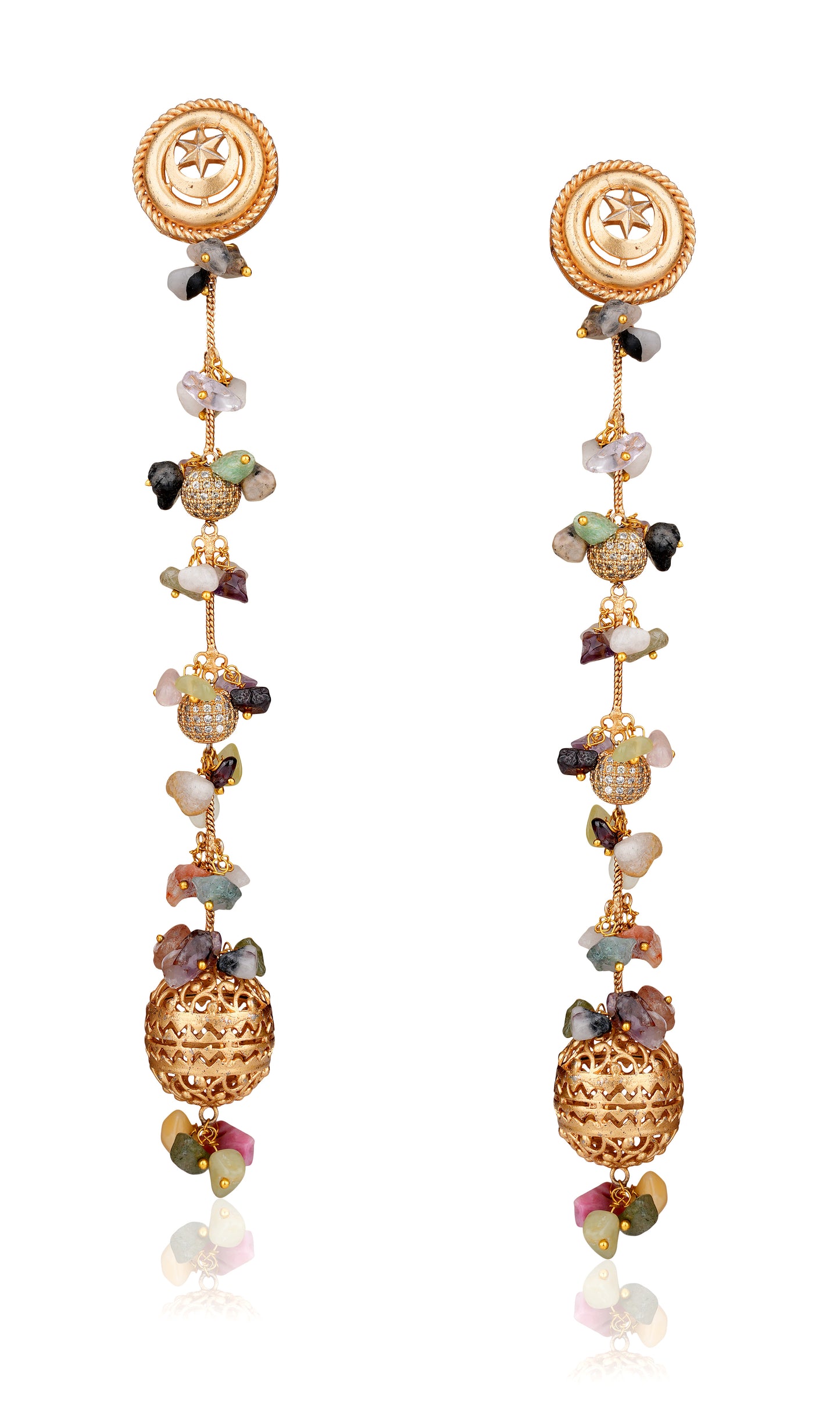 Cresecent Moon and Star Stud Long Drop Earrings with Raw Amethyst, Pale Jade, and Tourmaline — Boho Luxe