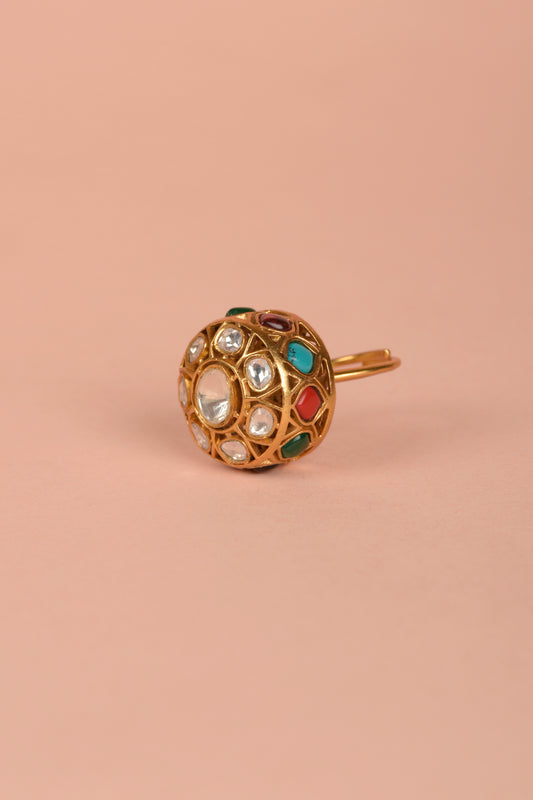 Navratan Celestial Globe – Sculptural Polki & Multi-Gemstone Architectural Dome Ring