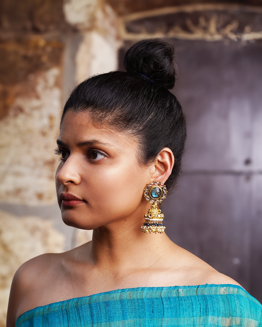 Labradorite Polki Blue Bead Pearl Jhumka Earrings
