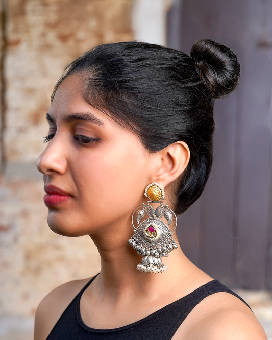 Nomadic Two-Tone Peacock Polki Ghungroo Jhumka Earrings