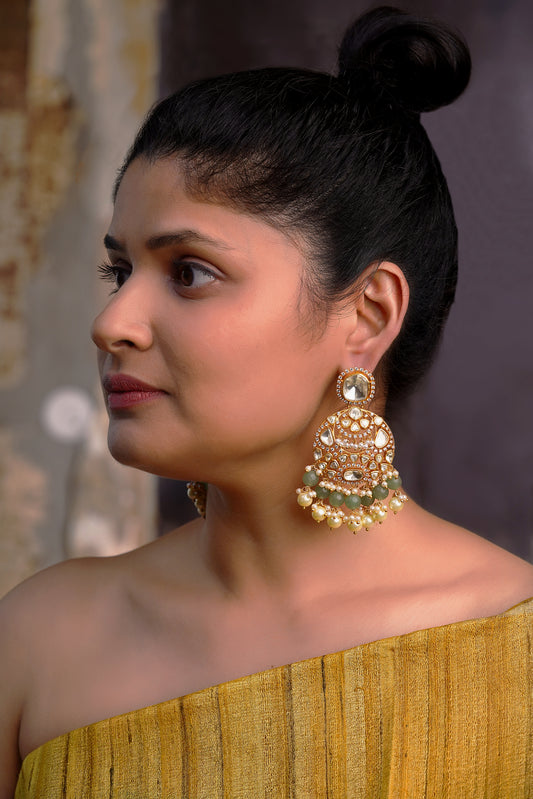 Sage-Green Polki Pearl Chandbali Earrings