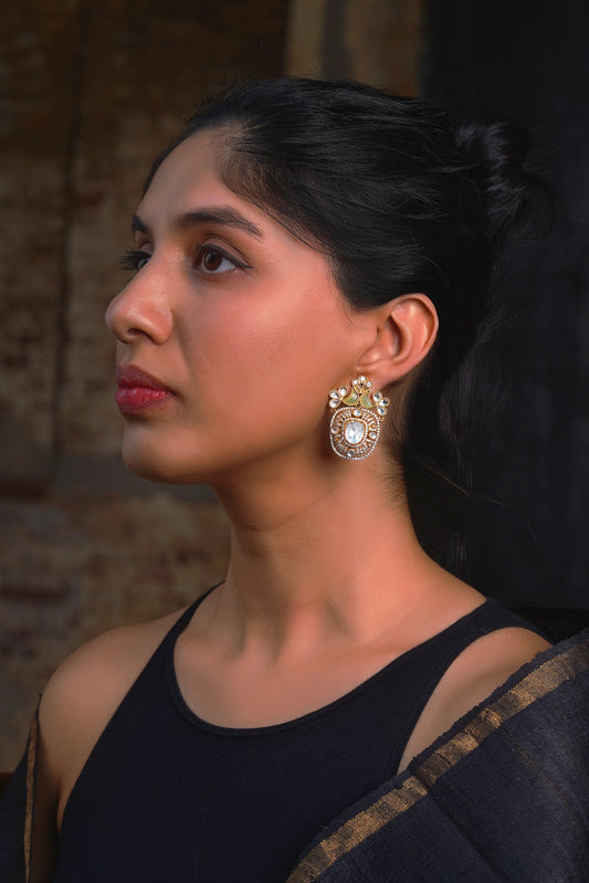 Sage-Green Winged Polki Pavé Stud Earrings