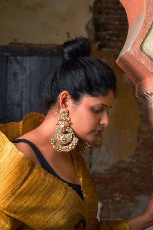 Seafoam-Stone Ghungroo Fringe Chandbali Jhumkas