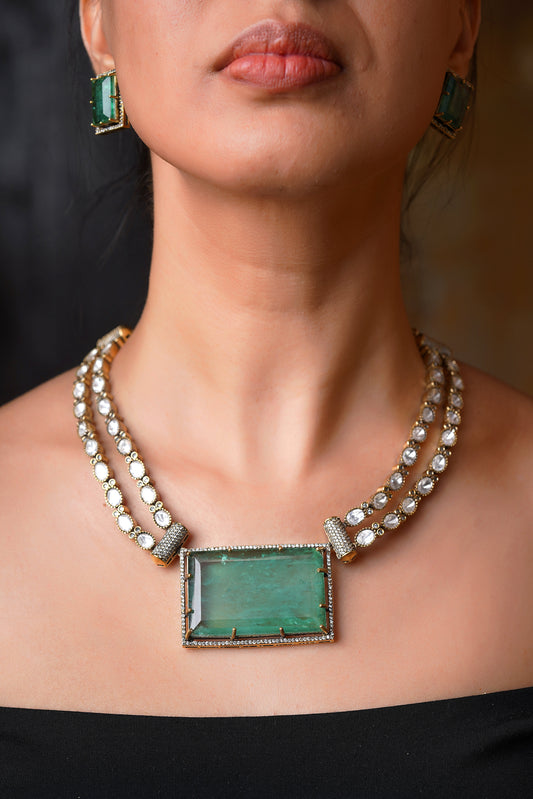 Monolith Rectangular Green Stone Dual-Strand Polki Necklace Set