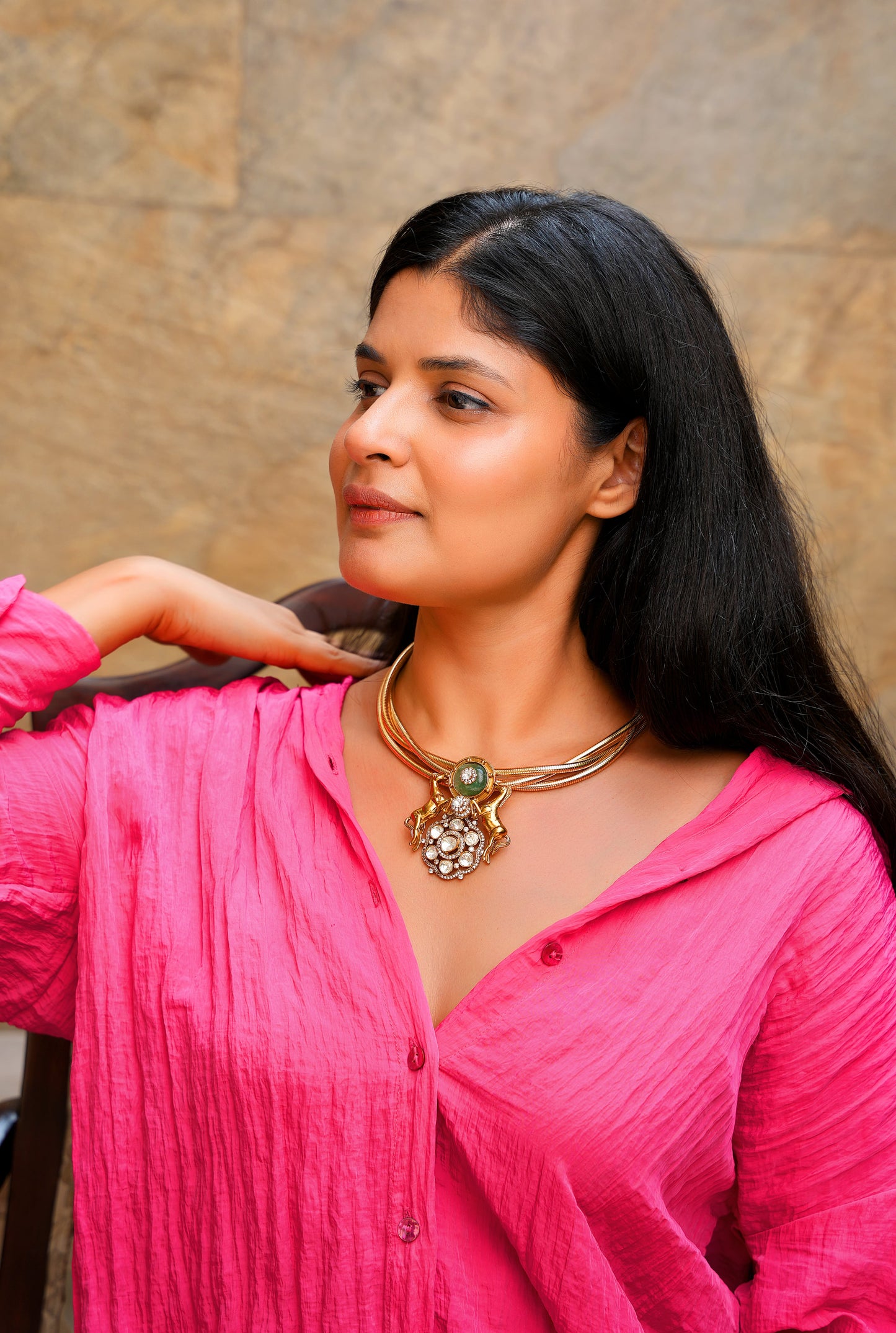 Sovereign Ashwa Triple-Strand Hasli – Jade-Green Agate & Polki Antique Gold Statement Collar
