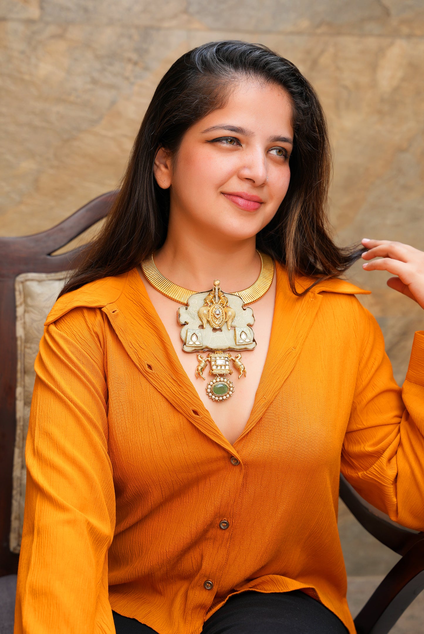 Carved Jade Plaque Pendant Collar Necklace