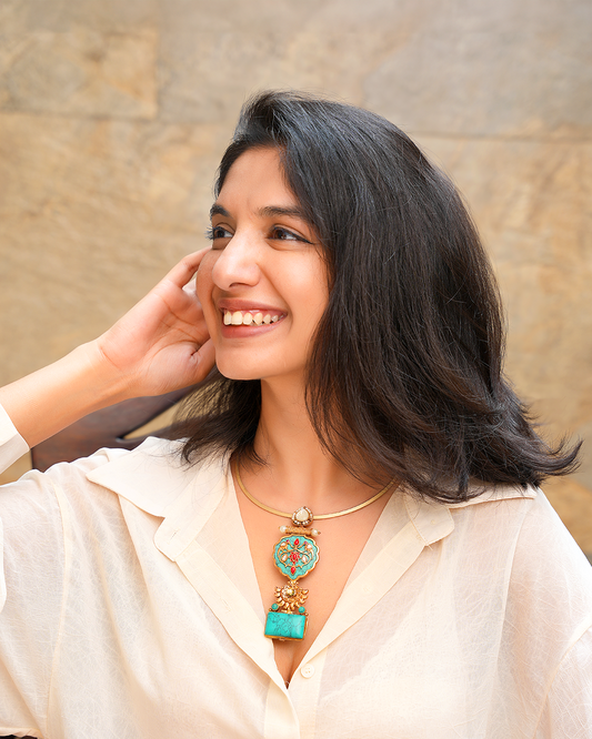 Turquoise Shield Pendant Collar Necklace