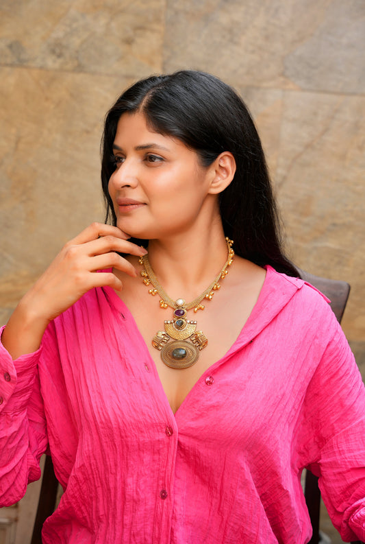 Hand-Carved Elephant Fan Ghungroo Labradorite Necklace