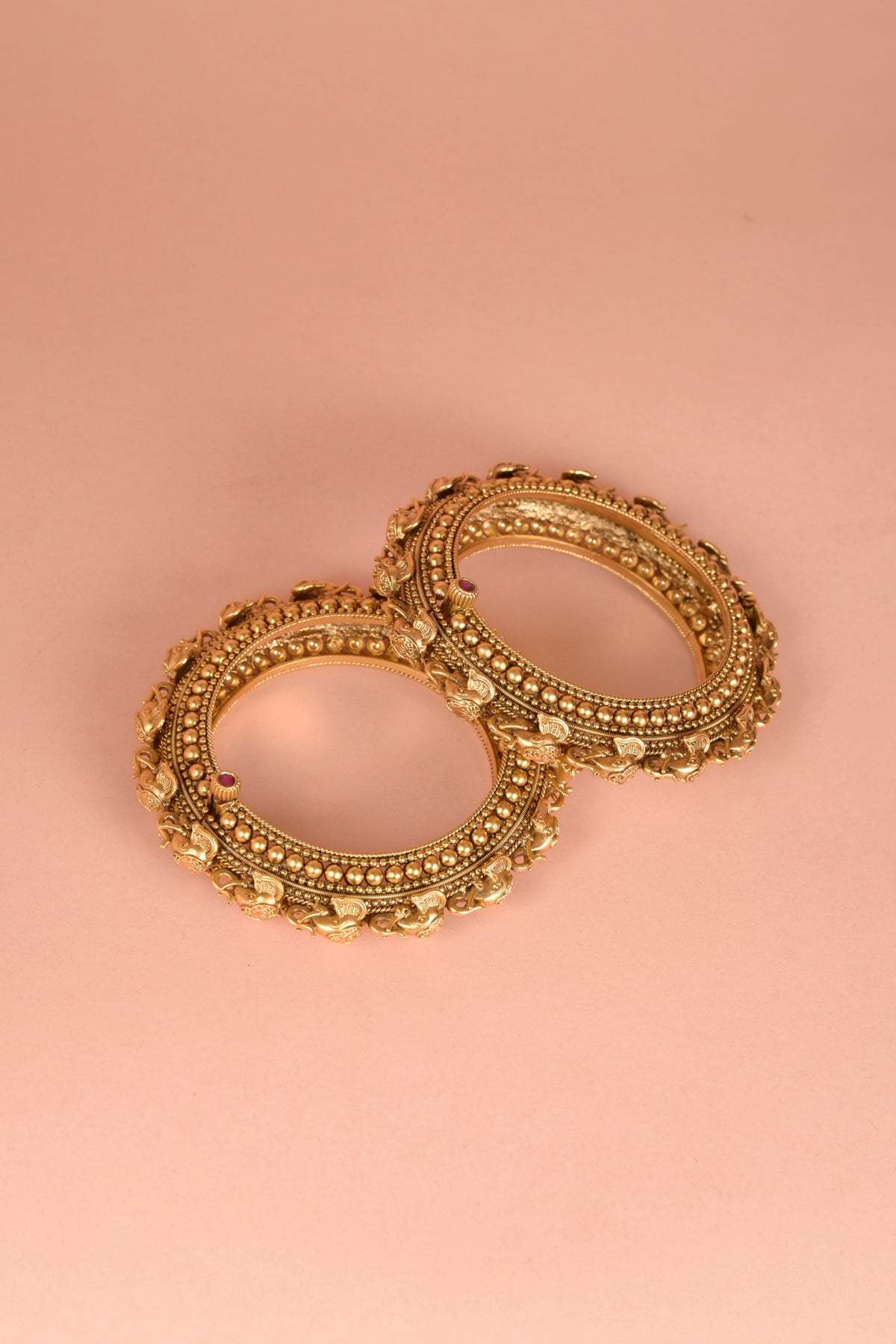 Gaja-Aradhana Temple Heritage Kada | 22kt Gold-Plated Hand-Crafted Elephant Motif Statement Bangle (Set of 2)