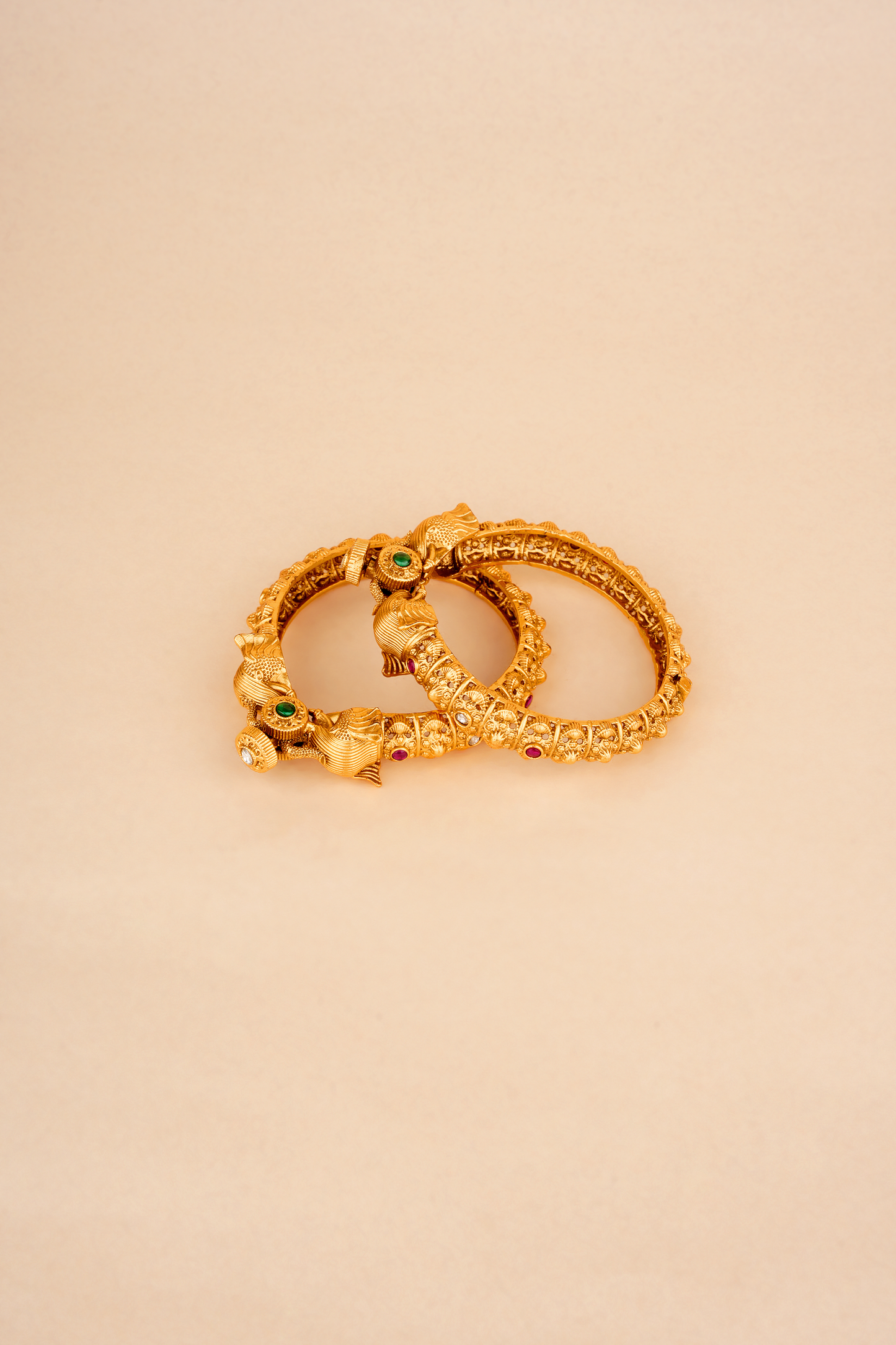 The Gaja Meridian — 22kt Gold-Plated Ribbed Nakashi & Navaratna Temple Kada | Set of 2
