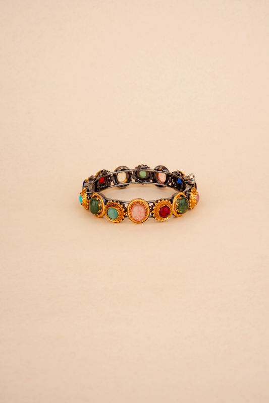 Ancestral Navrattan Kada – Sculptural Gold & Patinated Multi-Stone Cuff