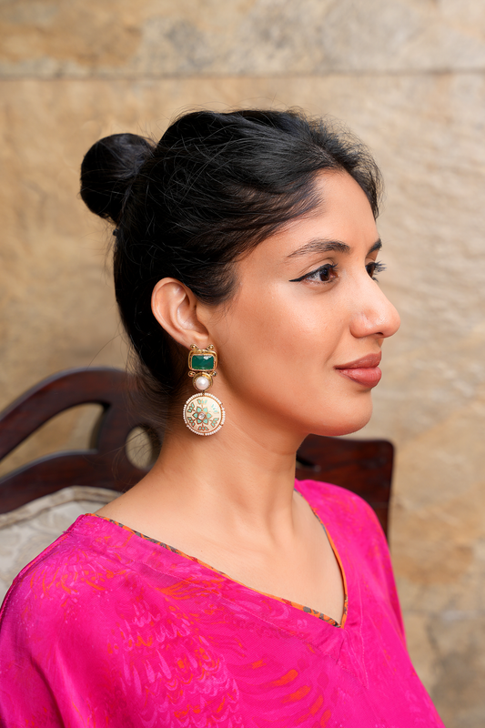 Emerald Lotus Meenakari Pearl Earrings