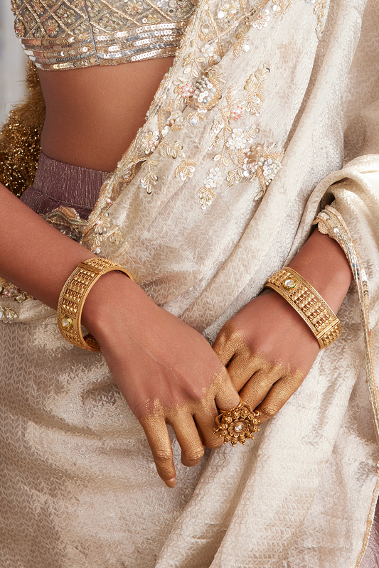 Engraved Geometric Jali with Polki Cuff Bangles