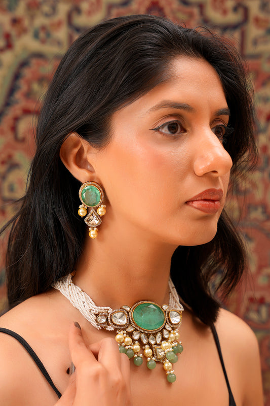 22K Gold-Finish Emerald-Green Agate Cabochon, Moissanite Polki  & Seed Pearl Choker with Polki  Earring (Set of 2)