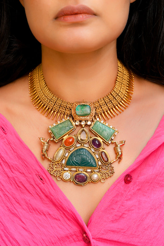 Maximalist Mulla Mottu Carved Jade Horse Motif Necklace