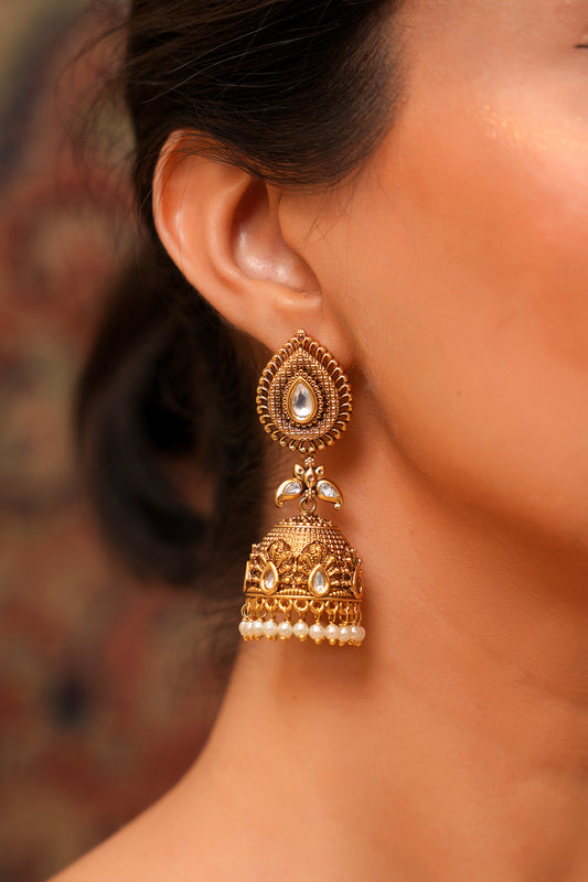 Antique Gold Polki Jhumka Earrings with Pearl Drops — Traditional South Indian Jewellery