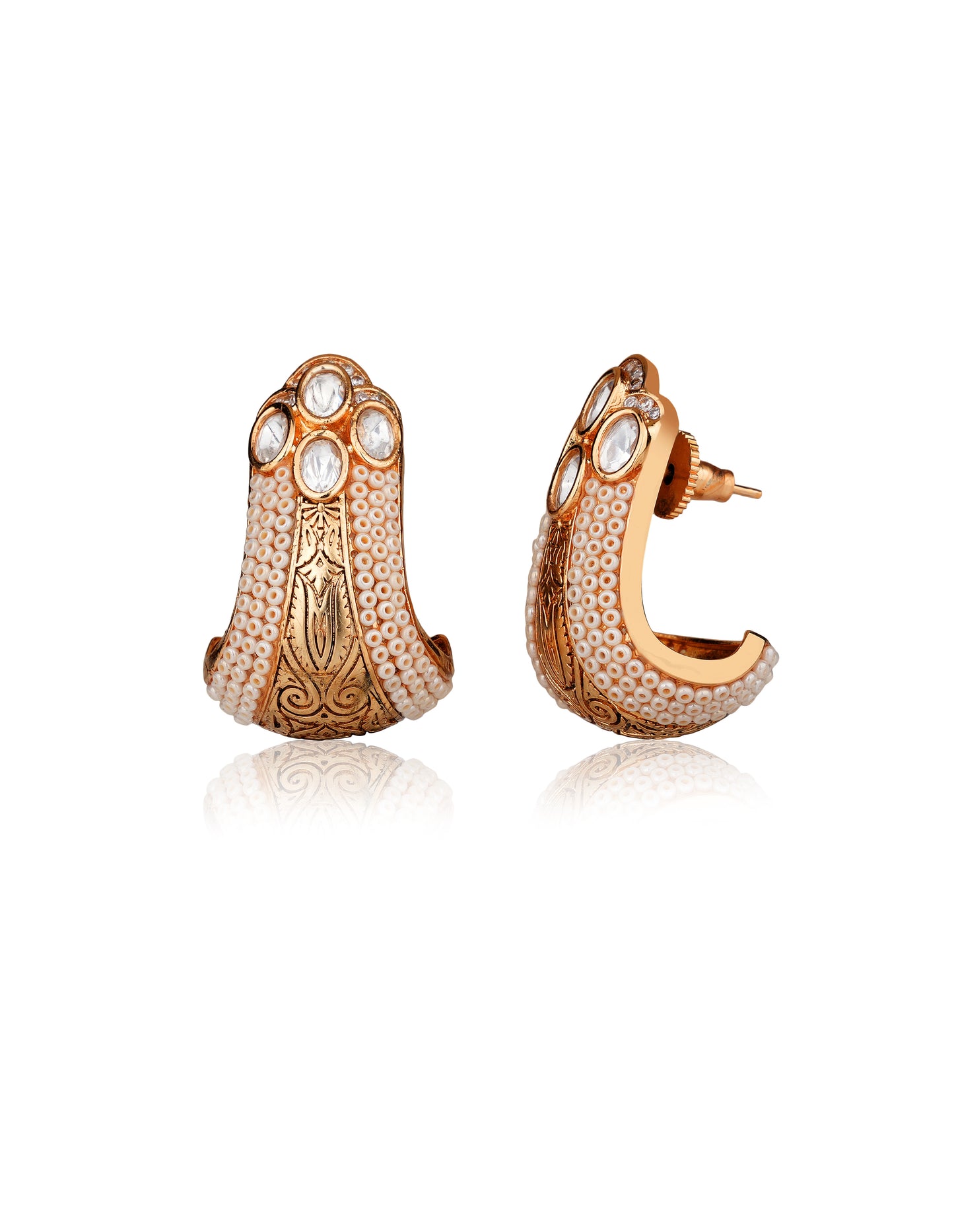 Gold-Finish Seed Pearl Bead Earrings with Moissanite Polki Studded Apex  — Contemporary Chic
