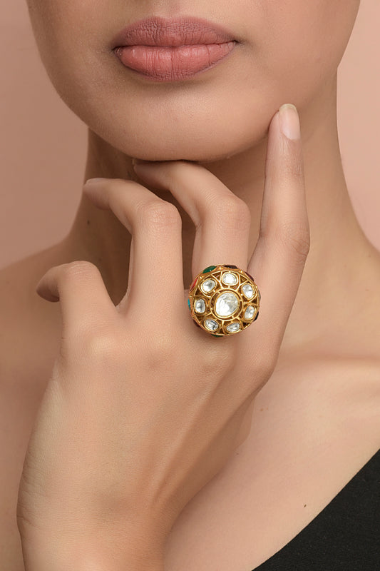 Navratan Celestial Globe – Sculptural Polki & Multi-Gemstone Architectural Dome Ring