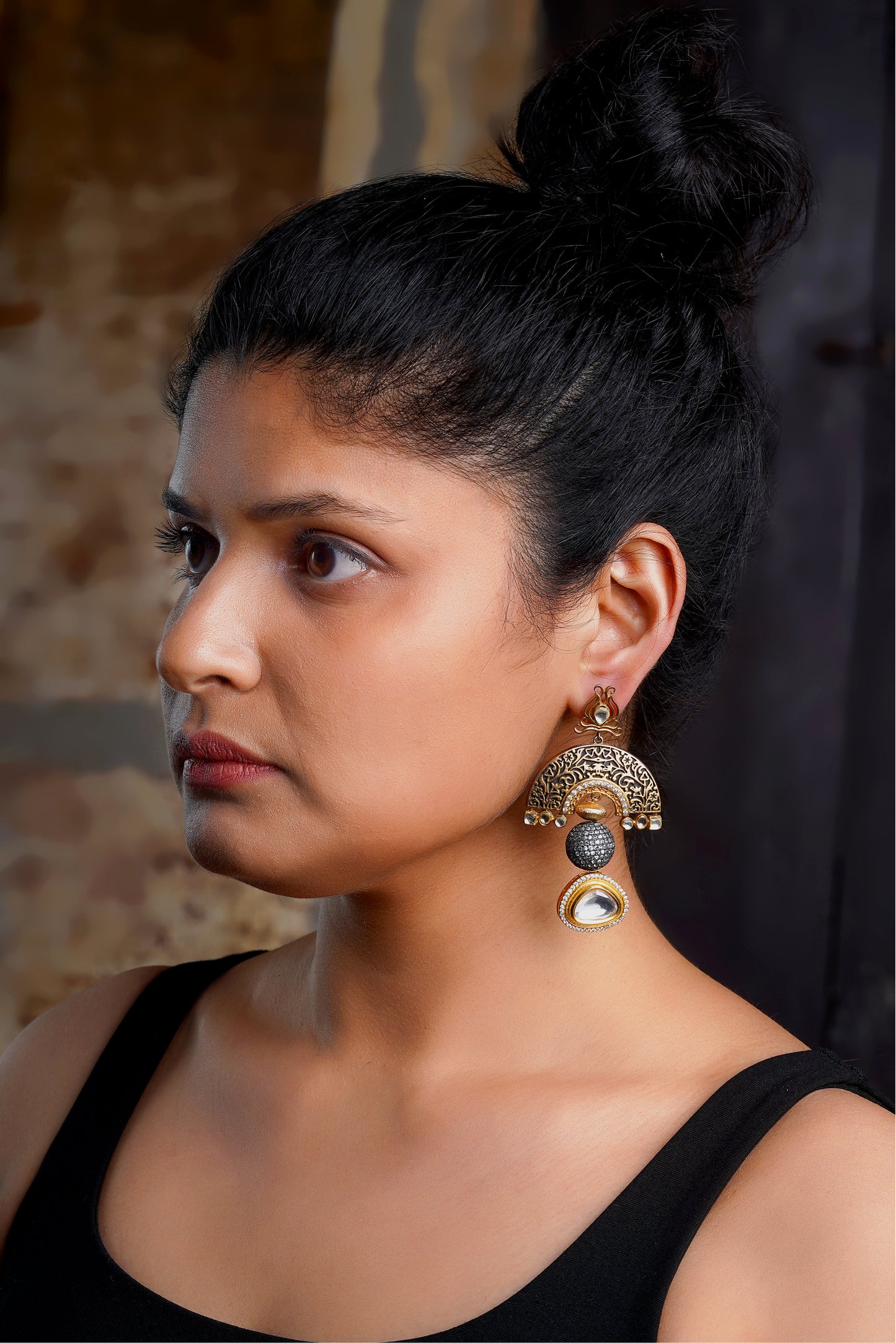 Hand-Engraved Enamel with Polki Drop &  Pavé-Set Globe Earrings