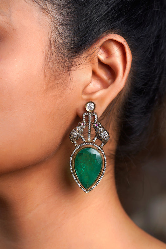 Antique Twin Elephant Emerald Pavé Drop Earrings