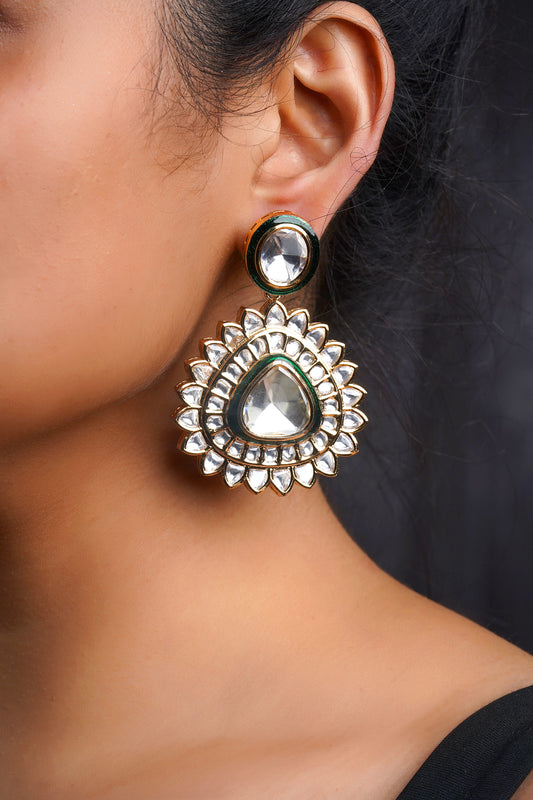 Green Enamel Double-Halo Moissanite Polki Earrings