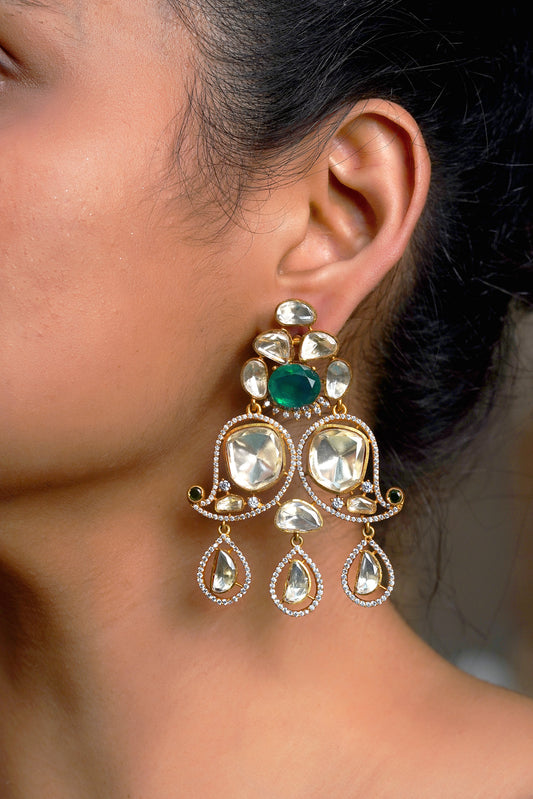 Twin Ambi Emerald Polki Pavé Drop Earrings