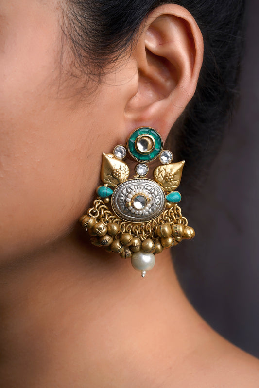 Two-Tone Ghungroo Turquoise Tribal Earrings