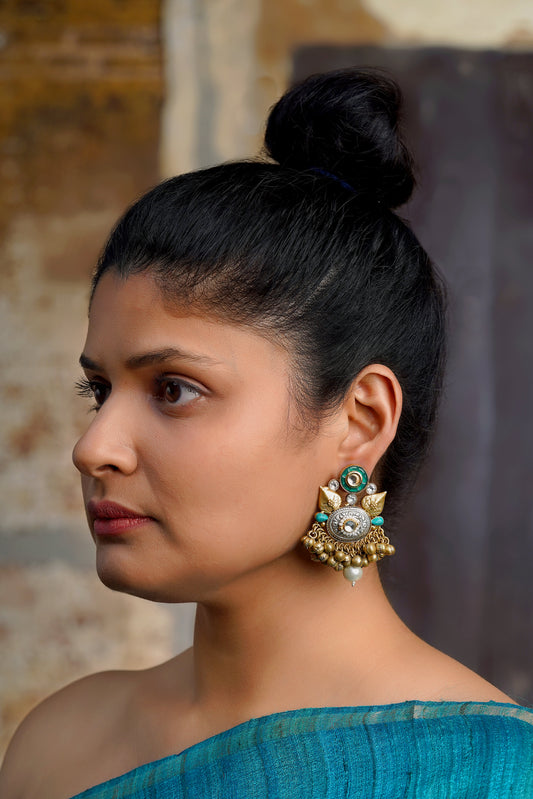Two-Tone Ghungroo Turquoise Tribal Earrings