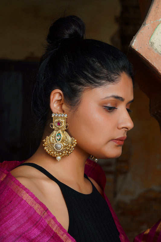 Ruby Lotus Polki Relief Ghungroo Chandeliers Earrings