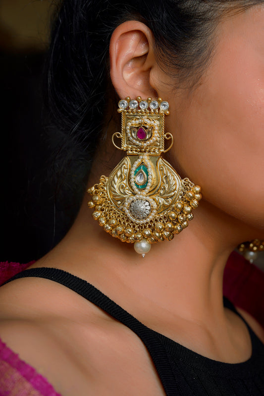 Ruby Lotus Polki Relief Ghungroo Chandeliers Earrings