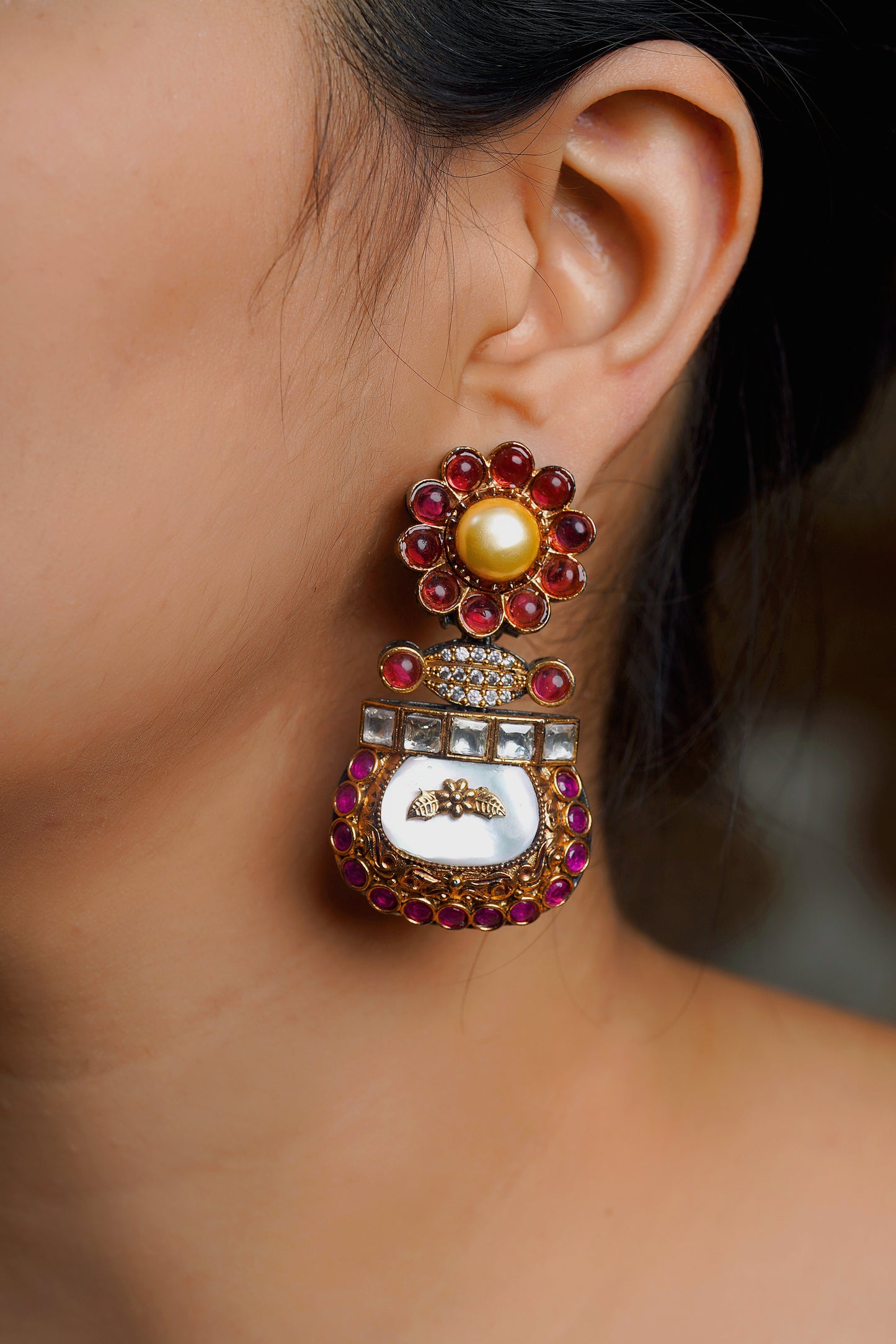 Polki & Mother-of-Pearl Gold Nakkashi Palatial Earrings
