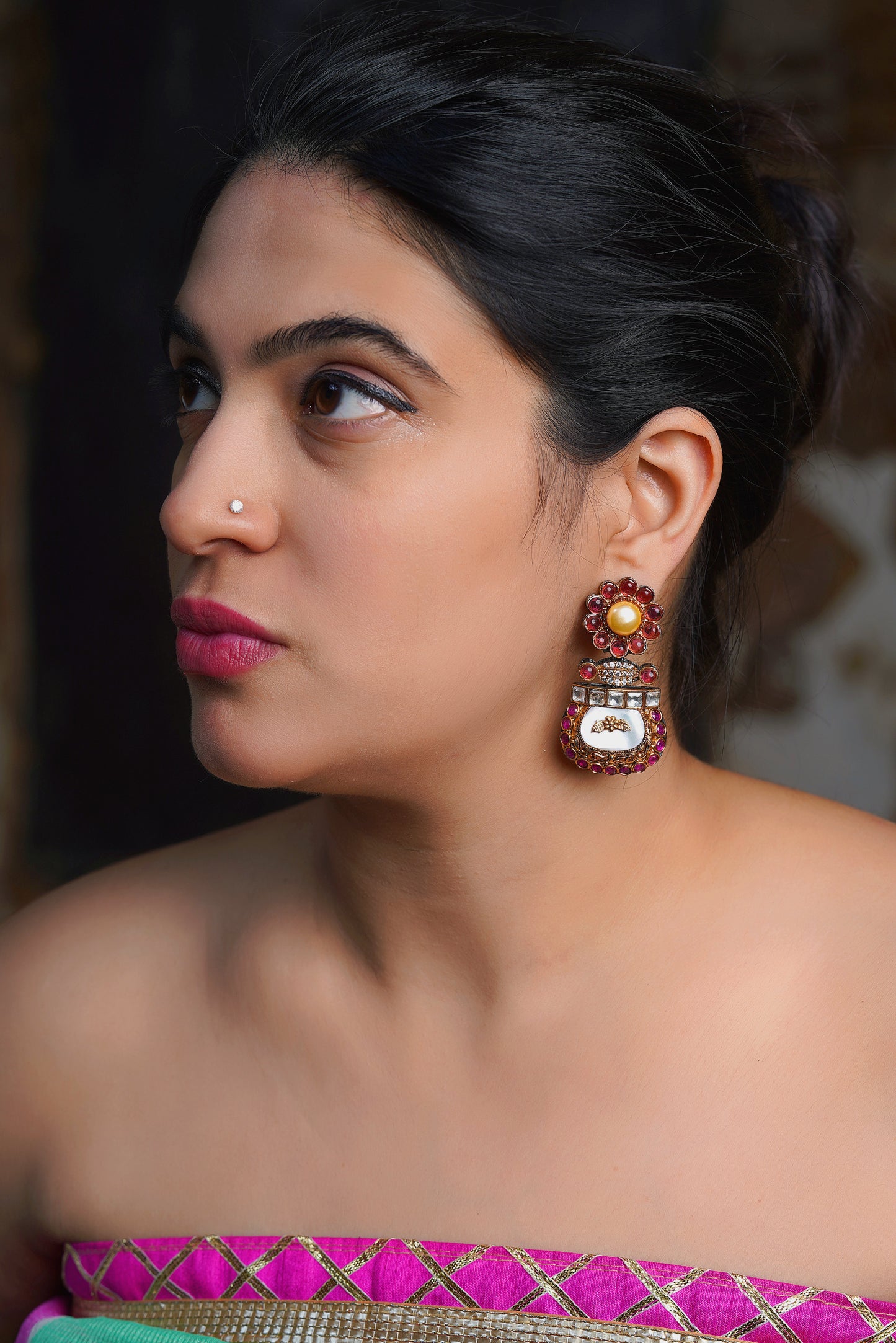 Polki & Mother-of-Pearl Gold Nakkashi Palatial Earrings