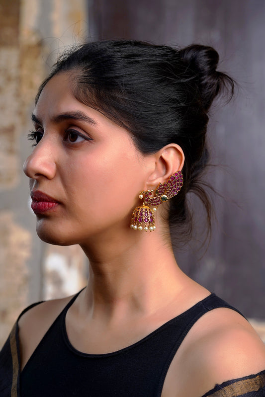 Ruby Peacock Ear-Climber Jhumka Earrings