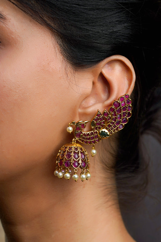 Ruby Peacock Ear-Climber Jhumka Earrings