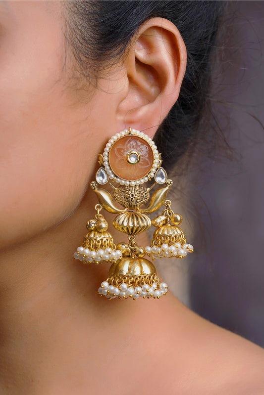 Hand-Carved Melon Peach Stone Triple Jhumka Earrings