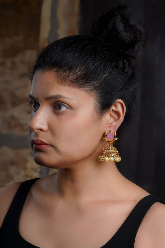 Hand-Carved Rose Stone Lotus-Spire Pearl Jhumkas