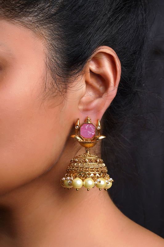 Hand-Carved Rose Stone Lotus-Spire Pearl Jhumkas