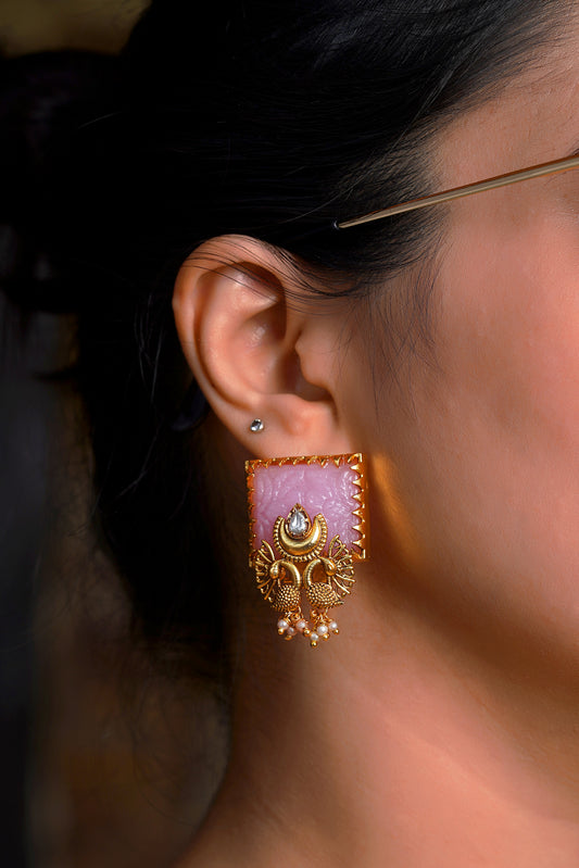 Carved Rose Quartz Twin Peacock Stud Earrings