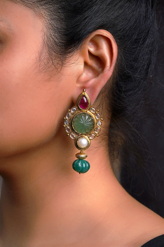 Carved Jade Melon Ruby Pearl Drop Earrings