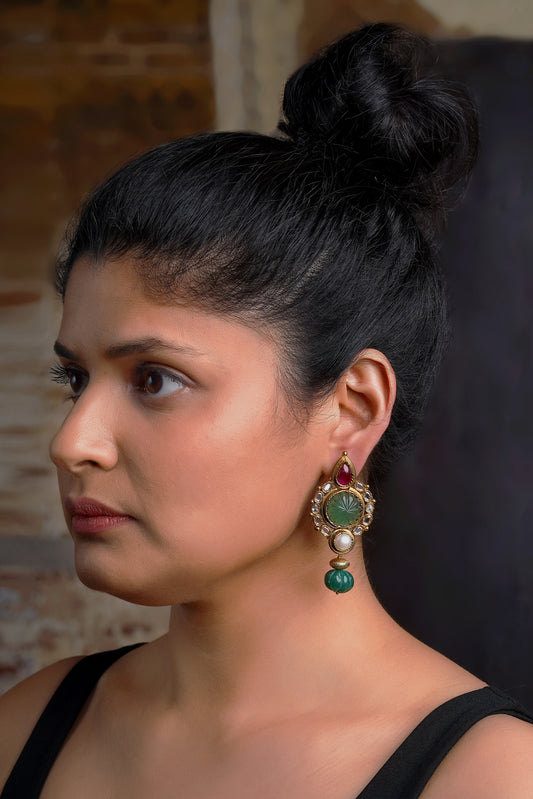 Carved Jade Melon Ruby Pearl Drop Earrings