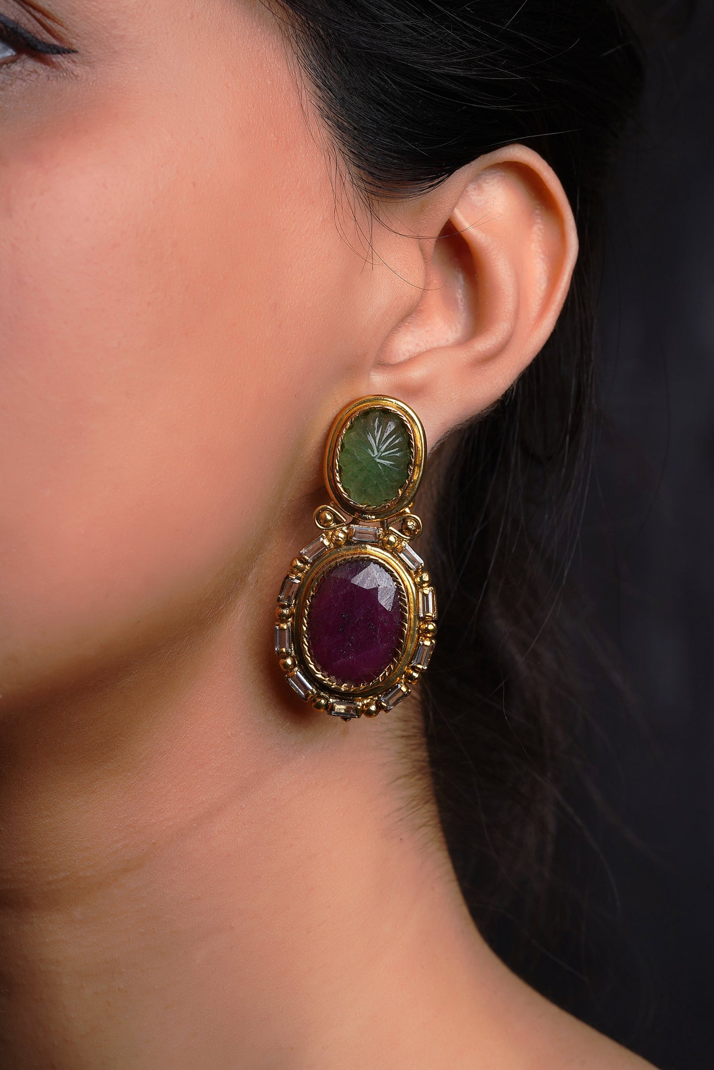 Kharbuza Melon-Carved Emerald and Ruby Earrings