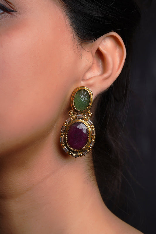 Melon-Carved Emerald Ruby Baguette Stud Earrings