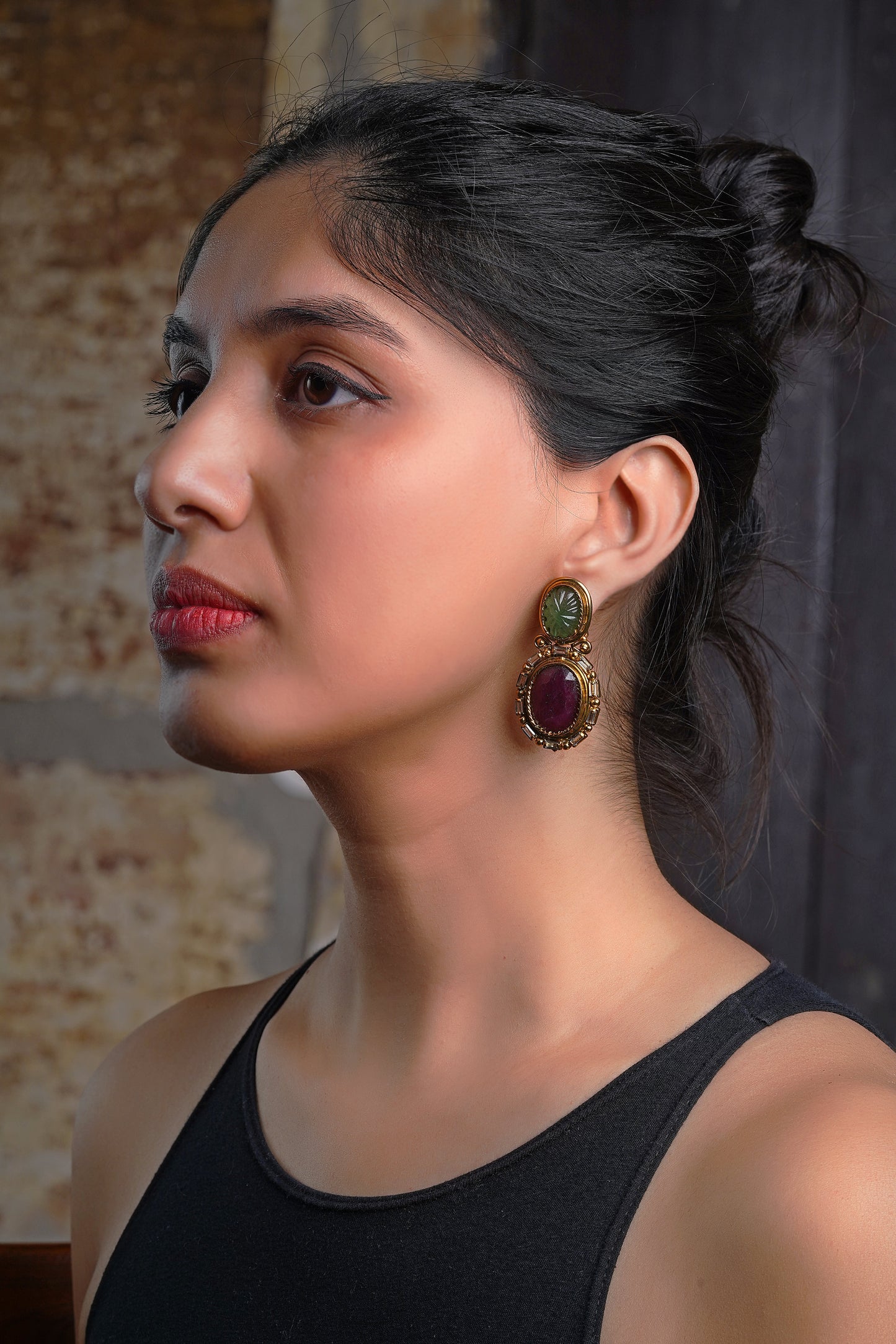 Kharbuza Melon-Carved Emerald and Ruby Earrings