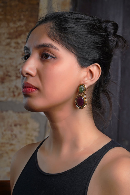 Melon-Carved Emerald Ruby Baguette Stud Earrings